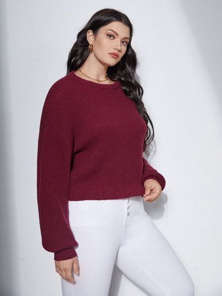 

plus drop shoulder ribbed knit sweater t4kv#, Black