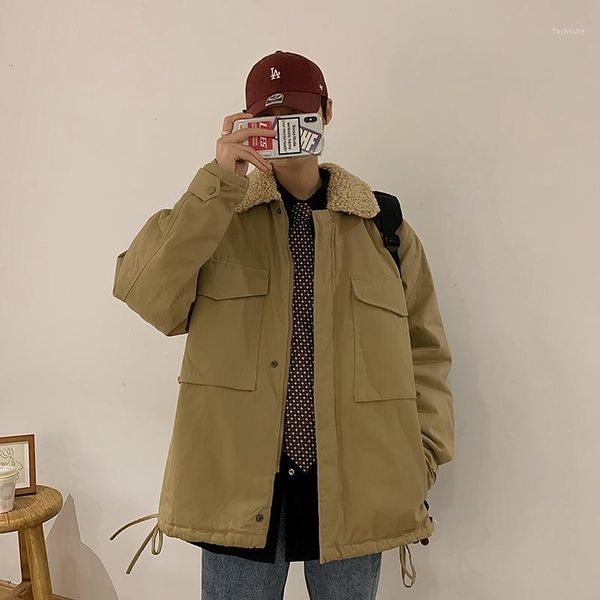 

winter jacket men's warmth thickening fashion parka men solid color casual big pocket coat man loose cotton tooling jacket1, Black