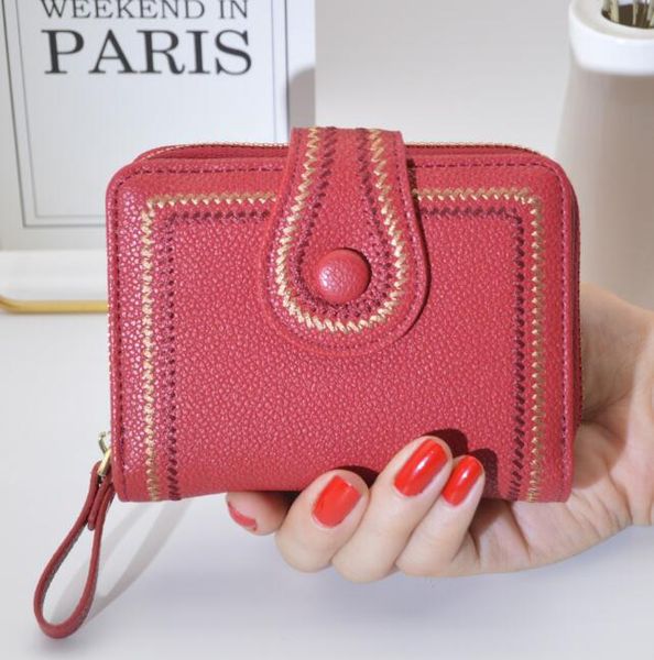 

dhl50pcs short wallet women pu plain 2foldable multifunctional embroidery credit card holder, Red;black