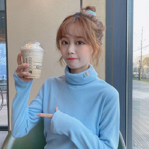 

2021 new simple japanese style pure color half collar female t-shirt fall and beautiful winter anti-aging thin shirt mt4v, White