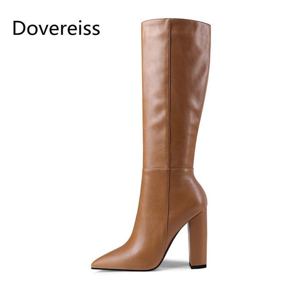 

boots winter for woman fashion consice pure color red pointed toe block heels zipper chunky knee high 34-45, Black