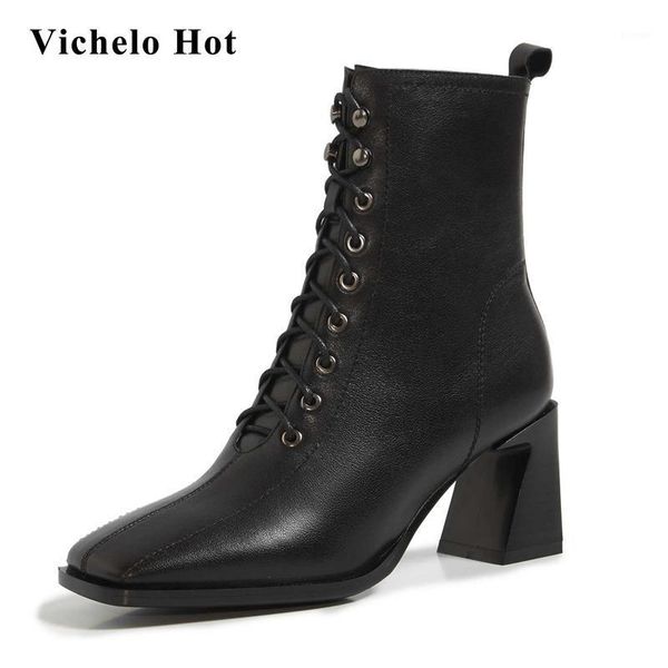 

boots vichelo european style natural leather gentlewomen personality square toe thick high heel zipper noble model ankle l011, Black