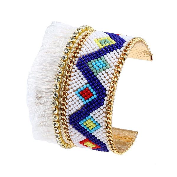 

doreenbeads bohemia ethnic beaded wrap open cuff bangles bracelets gold color multicolor tassel rhombus clear rhinestone, 1 pc, Black
