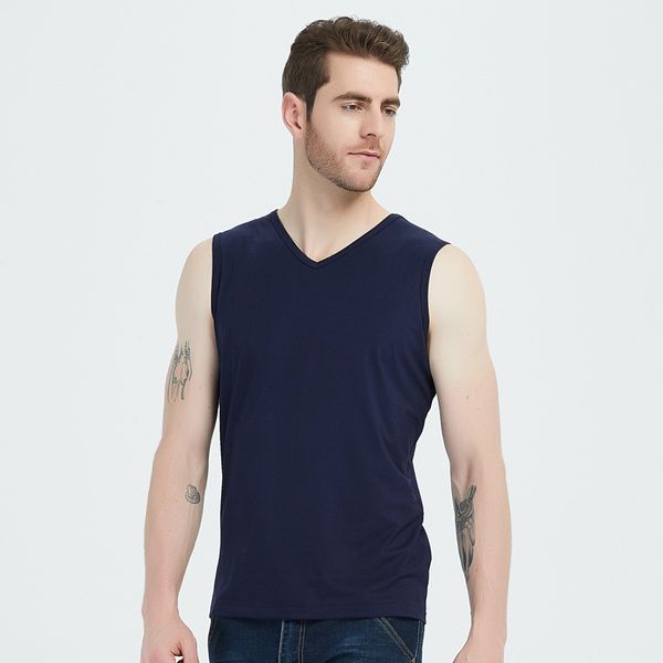 

2020 brand new summer men's vest markless pure modal ice silk v-neck vest for male solid color round neck vest, White;black