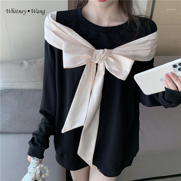 

whitney wang 2021 spring fashion streetwear cute gift bow knot sweatshirt women loose hoodies pullover1, Black
