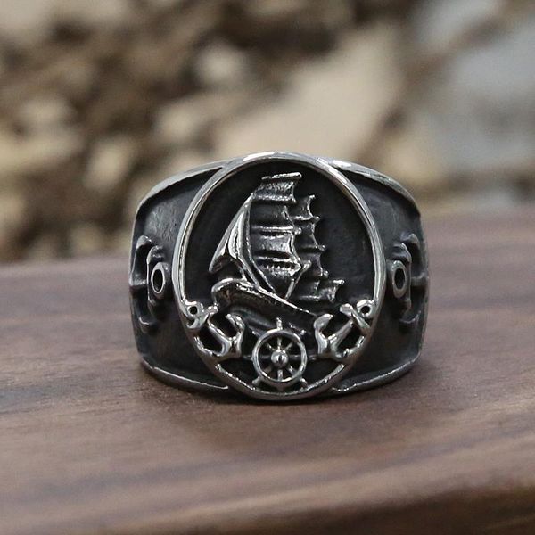 

cluster rings vintage pirate sailboat nordic viking ring men women stainless steel anchor compass signet gothic punk biker jewelry, Golden;silver