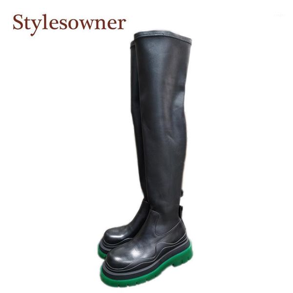 

boots 2021 autumn / spring platformover-the-knee womens slip-on genuine leather square heel round toe med-heel fashion boots1, Black