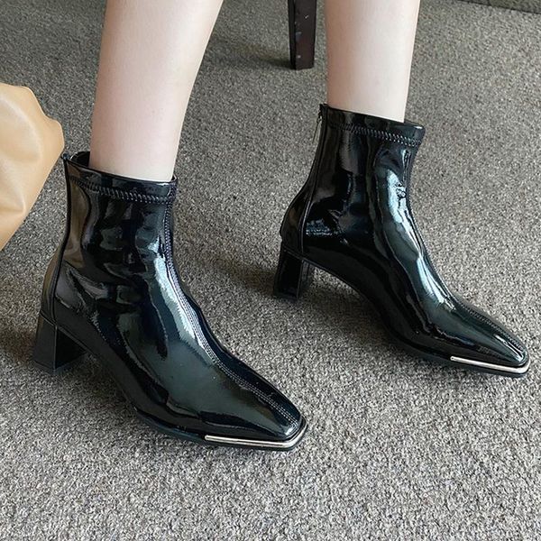 

fashion women boots ladies pointed toe gladiator chunky heeled short ankle boots back zipper patent leather ankle boot, Black