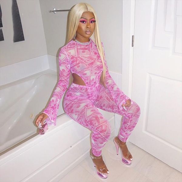 

2 piece set women pants 2020 summer pink club outfits dollar print mesh set two piece set and pants pantalon, Gray
