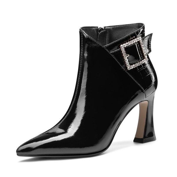 

genuine leather pointed toe high heels ladies boots classic rhinestone buckle female ankle boots winter party shoes woman, Black