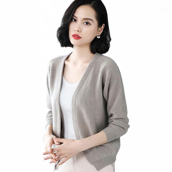 

2020 spring new casual knitted cardigans women fashion loose short sweater coats solid color long sleeve v-neck sweater women1, White