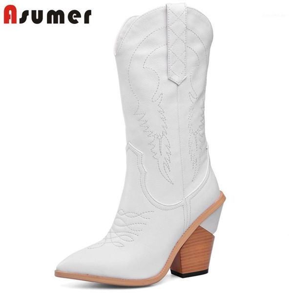 

boots asumer 2021 big size 45 mid calf women embroider pointed toe high heels wedges shoes autumn winter western woman1, Black