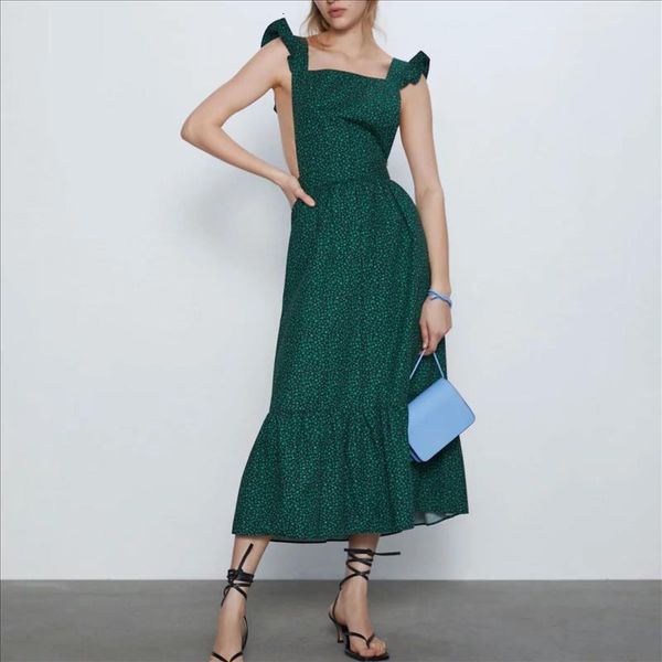 

za women dress green floral print ruffled hollow out vest chic ladies elegant female maxi dress, Black;gray