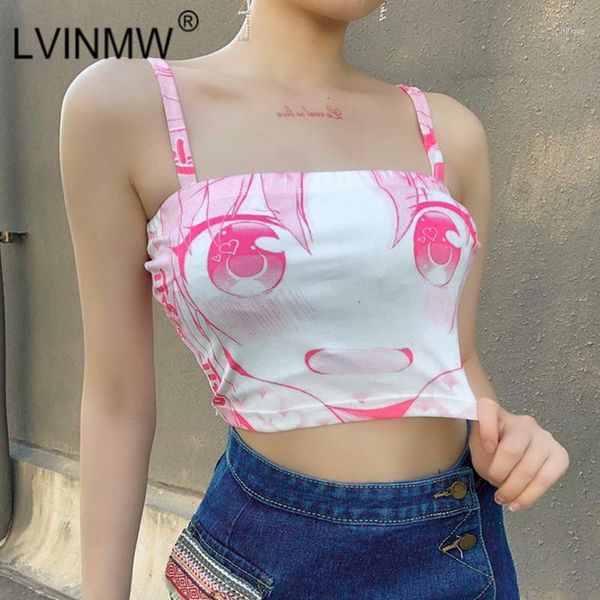 

lvinmw cartoon print spaghetti straps sleeveless pink backless crop 2020 summer women kawaii harajuku cute street1, White