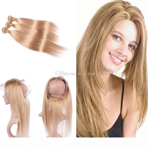 

silky straight hair weft with pre plucked 360 frontal 4pcs lot honey blonde 27 hair 3 bundles with 360 frontal 22.5x4x2r, Black;brown