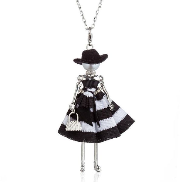 

pendant necklaces black white striped long bowtie dress dancing doll necklace for women hat chain statement collares kolye, Silver