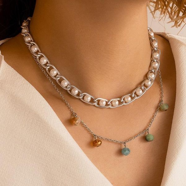 

bohemian pearl choker necklace for women multilayer colorful crystal beads clavicle chain trendy jewelry party collar, Silver
