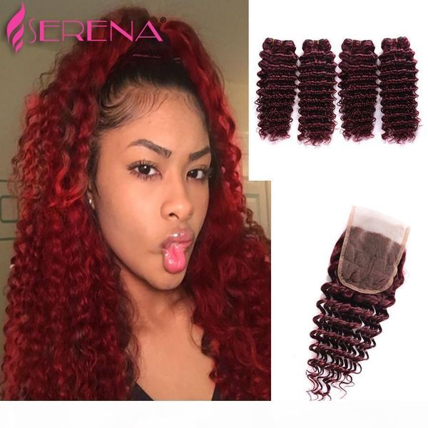 

burgundy wine red wet and wavy lace frontal closure deep wave brazilian hair with closure crochet braid cabelo humano com lace 99j bundles, Black;brown