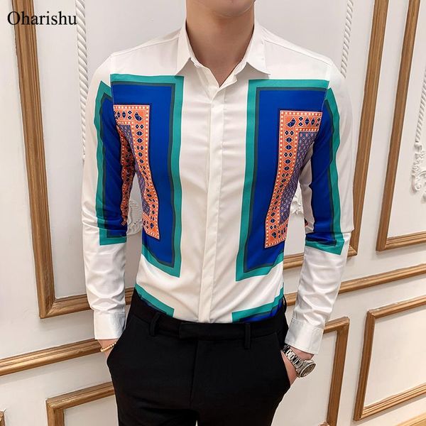 

men's casual shirts fashion geometric print shirt design color block long sleeve men party night club streetwears homme, White;black