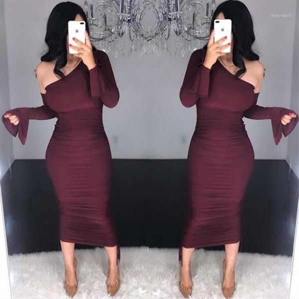 

cosygal 2020 one shoulder bodycon long sleeve midi dress women night clubwear party dresses pleated long dresses vestidos1, Black;gray