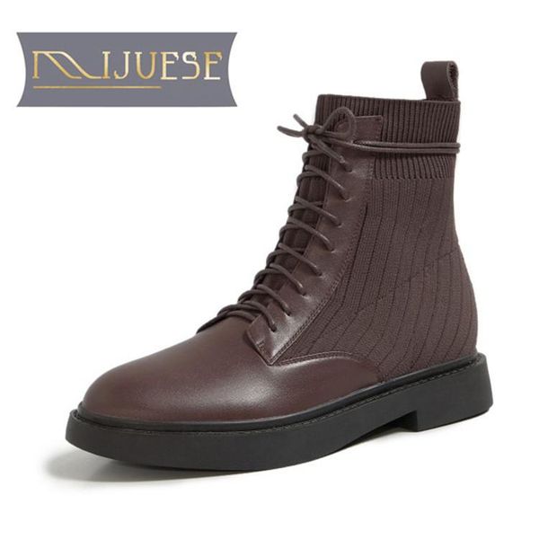 

mljuese 2021 women ankle boots cow leather winter short plush round toe lace-up low heels female riding boots size 41, Black