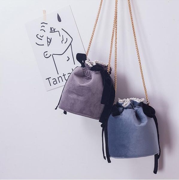 

angelatracy 2020 lady vintage velour velvet pearl bow high-fashion ruched drawstring chain women crossbody shoulder bucket bag