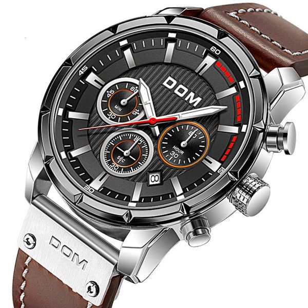 

six multifunctional pin sets three sports luminous of waterproof quartz blue real belt men's watch 2021, Slivery;brown