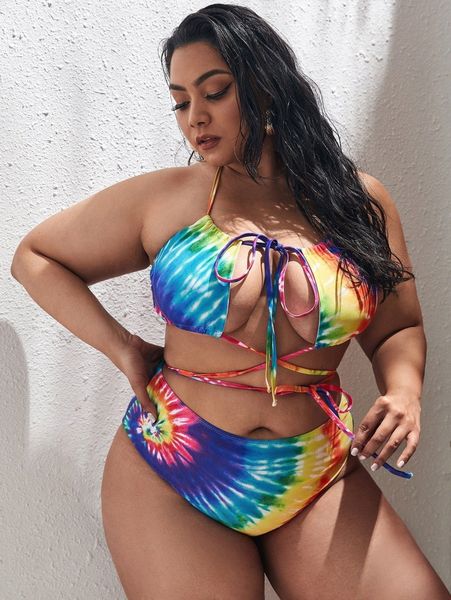 

plus tie dye lace up bikini swimsuit 00xe#, Black