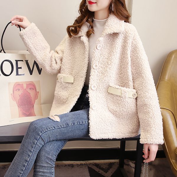 

2021 new female winter leather jacket lamb streetwear turndown collar thick warm coat ladies lambskin outwear 44ud, Black;brown