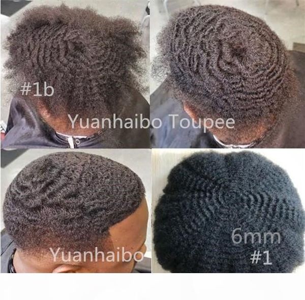 

6mm wave afro hair units lace pu toupee for basketbass players indian virgin human hair replacement afro kinky wave mens wig inng, Black