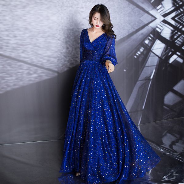 

blue a-line long evening dresses deep silver star v-neck long sleeve elegant formal dresses robe soire lj201120, White;black