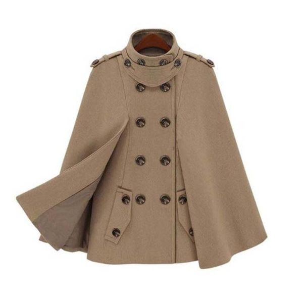

women's wool & blends vintage women woolen winter coats double breasted cloak batwing sleeve elegant clothing capes and ponchos female, Black