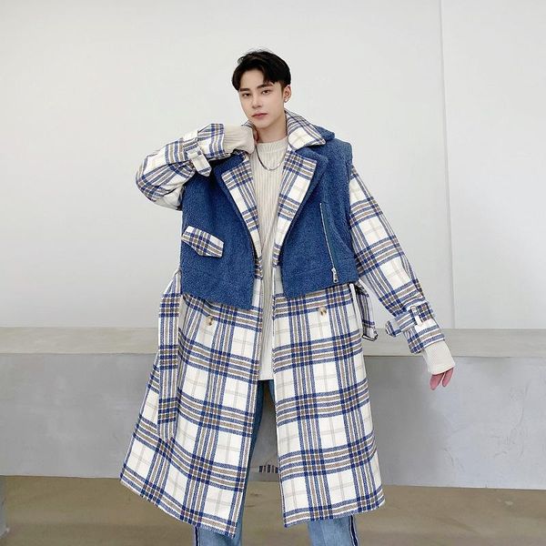 

2021 winter korean new fashion streetwear woolen coat men's mid-length loose casual korean plaid trench coat outerwear, Tan;black