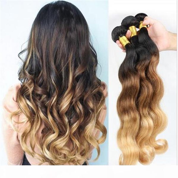 

1b 4 27 honey blonde malaysian human hair weaves body wave wavy malaysian 3bundles three tone colored ombre human hair wefts extensions, Black