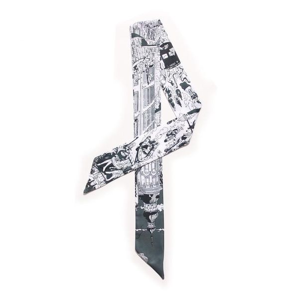 

new brand bag scarf paris street print silk scarf women head skinny scarf long handle bag scarves wraps drop shipping bbybkl bdehome, Blue;gray