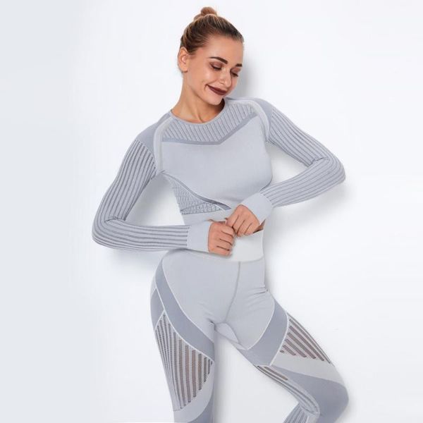 

seamless yoga fitness net hole sweat-absorbing women's yoga set sports long-sleeved + leggings striped fitness suit, White;red