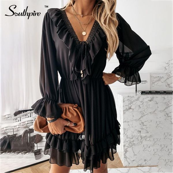 

southpire black lace splice v-neck ruffle dress women elastic waist lace up mini party dress fashion ladies christmas clothes, Black;gray