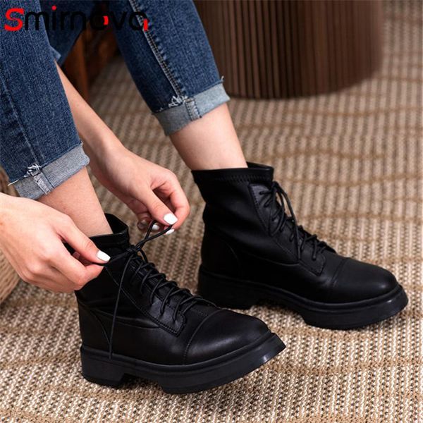 

boots smirnova 2021 autumn winter casual shoes women lace up genuine leather +pu comfortable ankle for, Black