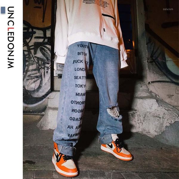 

uncledonjm ripped jeans for men letter denim jeans pants destroyed stretch slim fit hop hop pants with holes for men e0101, Blue