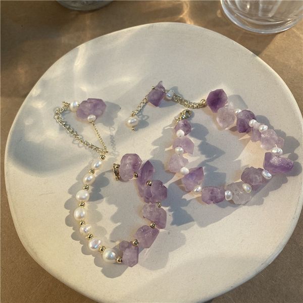 

small crowd design feeling summer new amethyst simple natural stone pearl small qing novice string stone pearl bracelet bracelet bracelethan, Golden;silver
