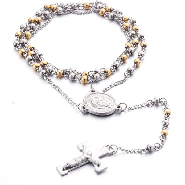 

stainless steel bead chain rosary for men jesus cross pendant long necklace stainless steel chain rosaries wholesal, Silver