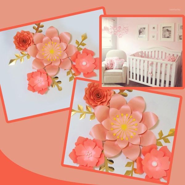 

handmade pink easy made diy paper flowers gold leaves set 4 nursery wall deco baby shower girls room backdrop video tutorials1