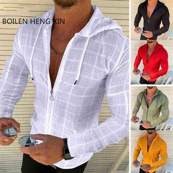 Homens Com Capuz Griple Camisa Cardigan Zipper Casual Camisa Casual Manga Longa Vestido Formal Camisas Dos Homens Hawaii Férias Jogging Camisa OK08 G0105