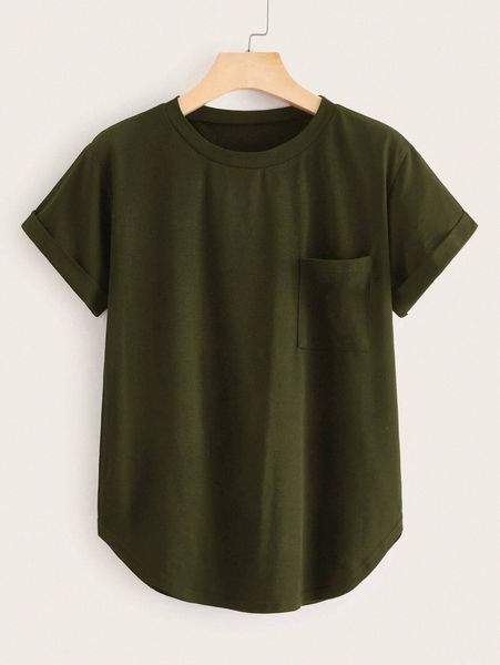 

plus pocket detail curved hem t-shirt p9ab#, Black
