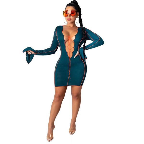 

autumn new hollow out bandage mini dress women v neck ribbed long sleeve solid bodycon package hip dresses party club wear, Black;gray