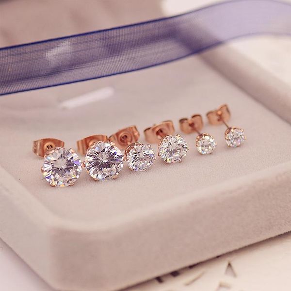 

stud yun ruo rose gold color six claw zirconia earring woman titanium steel fashion jewelry birthday gift not fade drop, Golden;silver