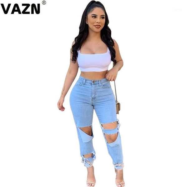 

vazn 2020 smart upsurge hollow out hole solid novelty young designer long pencil denim pants1, Blue