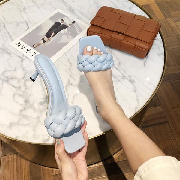 

new 2021 luxury design weave women slipper ladies thin high heel sandal open toe slip on summer outdoor slides flip flop shoe, Black