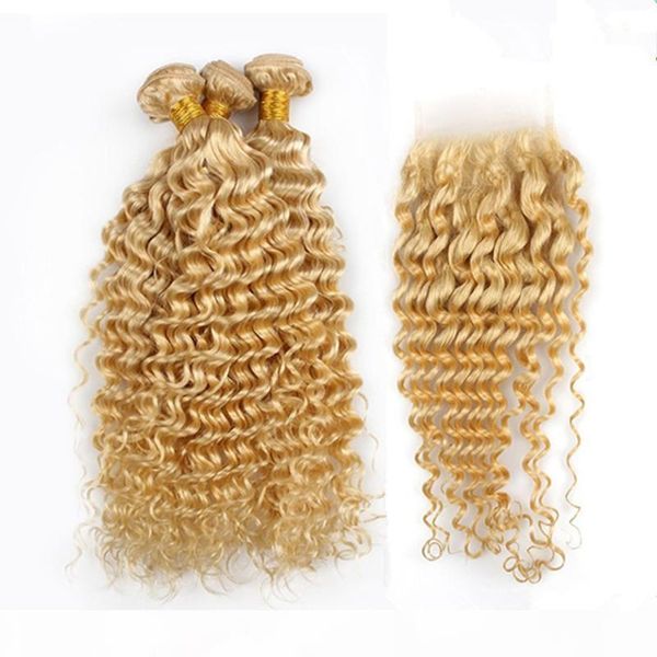 

brazilian blonde virgin human hair wefts with closure deep wave wavy #613 blonde virgin hair weave bundles 3pcs with 4x4 front lace closure, Black;brown