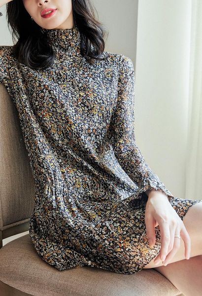 

golden silk folded floral dress 2020 autumn winter long sleeve high collar retro korean fashion elegant casual women's clothing, Black;gray